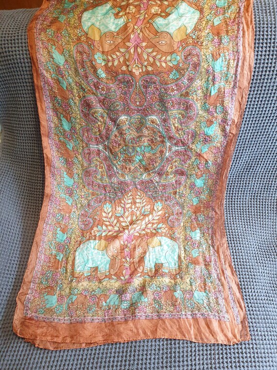 Flawed but beautiful Vintage Silk scarf Floral Paisley scarf Soft Silk Scarf Long sheer 100% Pure Silk Copper blue pink tones Made in India