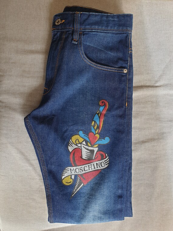 Vintage LOVE MOSCHINO Tattoo Heart Stretch Cotton Denim Jeans Size