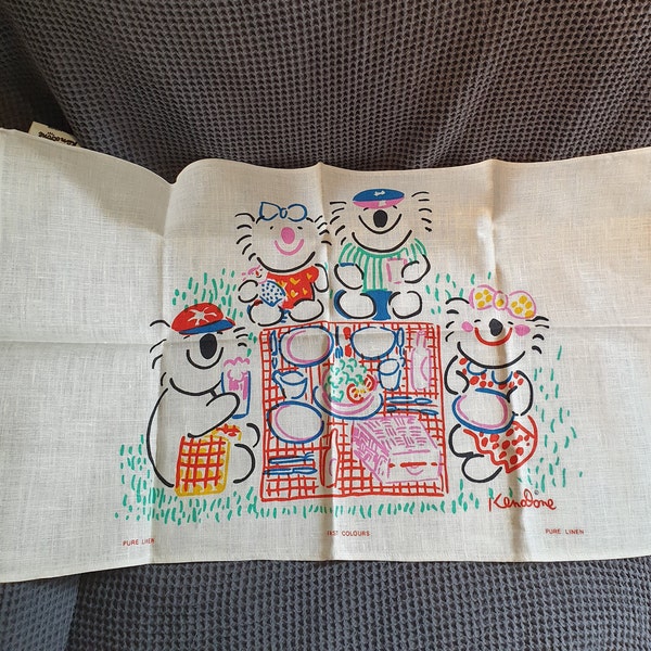 Exquisite Vintage Ken Done tea towel Multicoloured ilustration lconic Ken Done tea towel 1980s KEN DONE Koala family picnic Linen towel