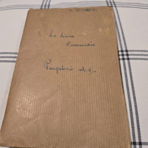 May include: A rectangular book with a light brown, textured paper cover. The front cover features handwritten text in dark ink that reads D. ALIGHIERI, La divina Commedia, and Purgatorio vol. II. The cover has a subtle vertical ribbed pattern.