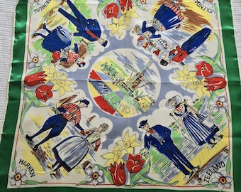 Gorgeous Square Vintage scarf 50s?60s? Scarf Acetate Holland Souvenir square scarf/ table cover Tulips Couples Souvenir scarf  Dutch Foulard