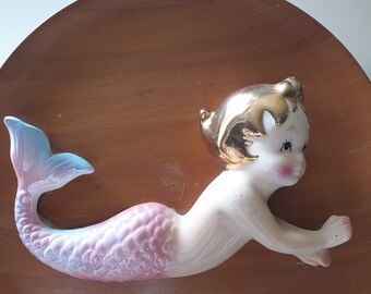 Sweet Super rare Vintage Retro 50s Lefton? baby mermaid wall plaque on wooden plate Gold hair & pearlescent tail Ceramic mermaid As found