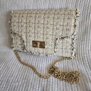 New Blue Illusion Tweed Crossbody bag clutch bag tweed bag with inner zip pocket Turn-lock closure Ivory & gold tweed Detachable metal strap