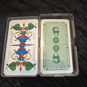 Carte d&#39;epoca anni &#39;70 Carte da gioco bavaresi tedesche Mazzo pubblicitario Steinbock GMBH Moosburg OBB Azienda elettrica? 36 carte prodotte da Schmid