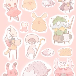 May include: A collection of whimsical, cartoon-style stickers featuring various creatures in soft pastel colors. The designs include insect-like figures, characters with capes, and other imaginative beings, all with a cute aesthetic.