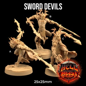 May include: Three detailed miniature figures of sword devils, each with a unique pose and holding a sword. The figures are made of a light brown plastic and are 25mm x 25mm in size. The figures are labeled A, B, and C.