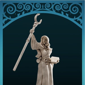 May include: A white painted figurine of a Drow Wizard named Lucasina Ulru, holding a staff and a book. The figurine is standing on a white base.
