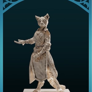 May include: A white ceramic figurine of a cat-like humanoid wearing a flowing robe with gold accents. The figurine is standing on a white base and has the text "AMALYA TABAXI MONK" written below it.