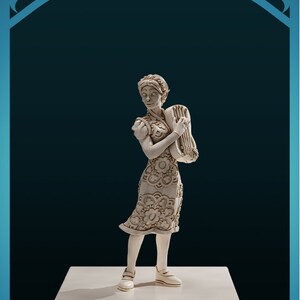 May include: A white figurine of a halfling bard named Elizabeth, holding a lute and wearing a floral dress. The figurine is standing on a white base.