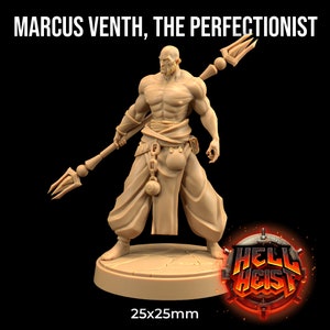 May include: A detailed miniature figurine of a muscular, bald man with a beard, wearing a long robe and holding a trident-like weapon. The figurine is standing on a round base with the text "25x25mm" printed below. The background is black, and the figurine is painted in a light brown color.