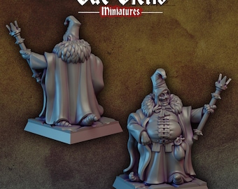 May include: Two miniature figurines of a wizard wearing a pointed hat and a long robe. The wizard on the left is holding a staff with a three-pronged tip. The wizard on the right is holding a staff with a crown on top. Both wizards have a mischievous expression on their faces.