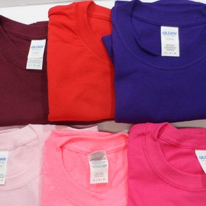 May include: Six folded Gildan brand t-shirts in various colors: maroon, red, purple, pink, light pink, and hot pink.