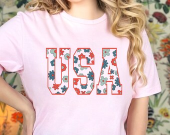 USA Floral Shirt, American Girl Shirt, Memorial Day Shirt, Independence Day, 4th Of July Shirt, Floral USA Flag, USA Shirt Gift For Women
