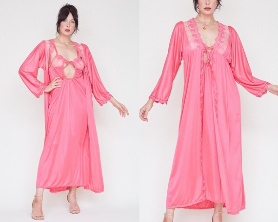 Vintage 80s Pink Nightgown & Robe Set / Sexy Keyh… - image 1