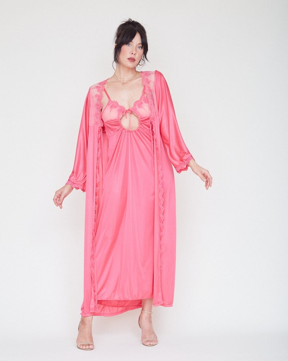 Vintage 80s Pink Nightgown & Robe Set / Sexy Keyh… - image 3