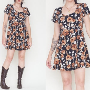 Vintage 90s Floral Empire Waist Dress / Black Brown White Mini Dress / 1990s Short Sleeve Lightweight Dress