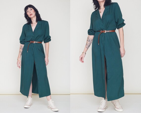 Vintage 90s Silk Dark Green Shirt Dress / Loose Dr