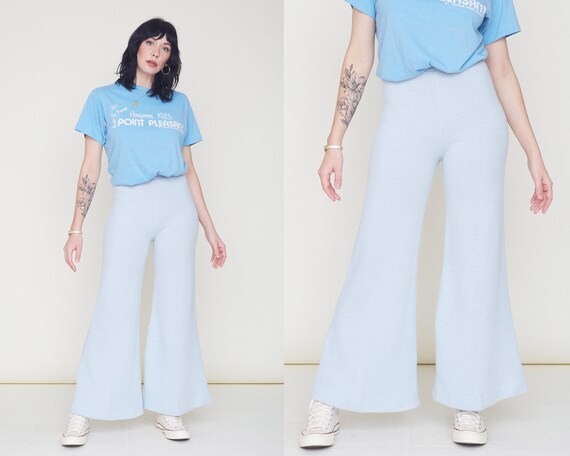 Vintage 70s Knit Bell Bottom Pants / Baby Blue Orl