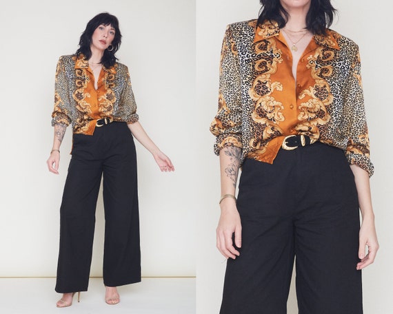 Vintage 80s Baroque Leopard Print Blouse / Silky O