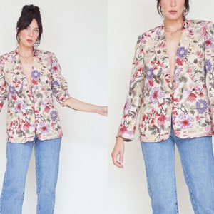 Vintage 80s/90s Linen Blend Floral Blazer / Tan & Floral Casual Jacket / 80s 90s Structured Comfortable Blazer