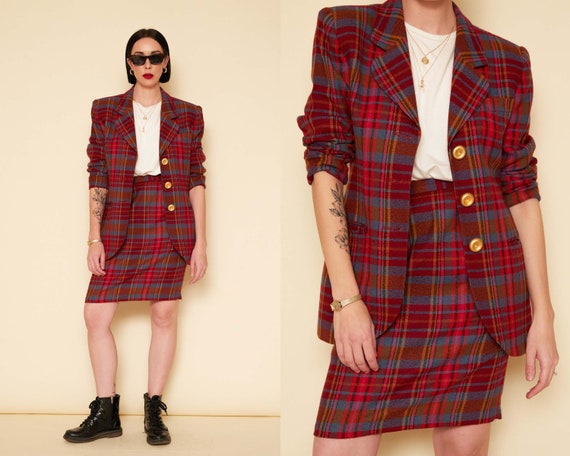 Vintage 80s Plaid 2-Piece Skirt Suit / Pink Red Wo