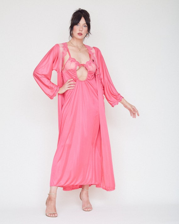 Vintage 80s Pink Nightgown & Robe Set / Sexy Keyh… - image 2