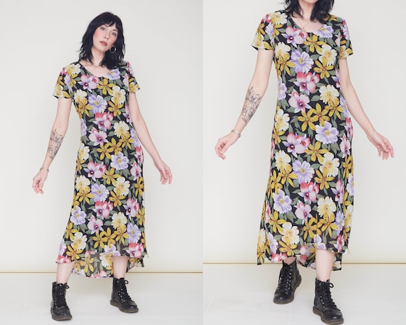 Vintage 90s Floral Chiffon Dress / Bias Cut Black