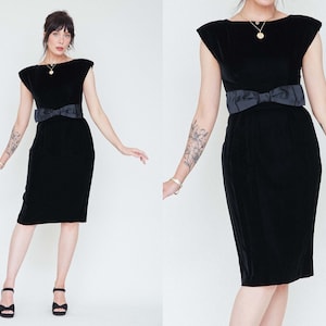 Vintage 80s does 40s Black Velvet Wiggle Dress / 1980s Cocktail Party Fitted Pencil Dress