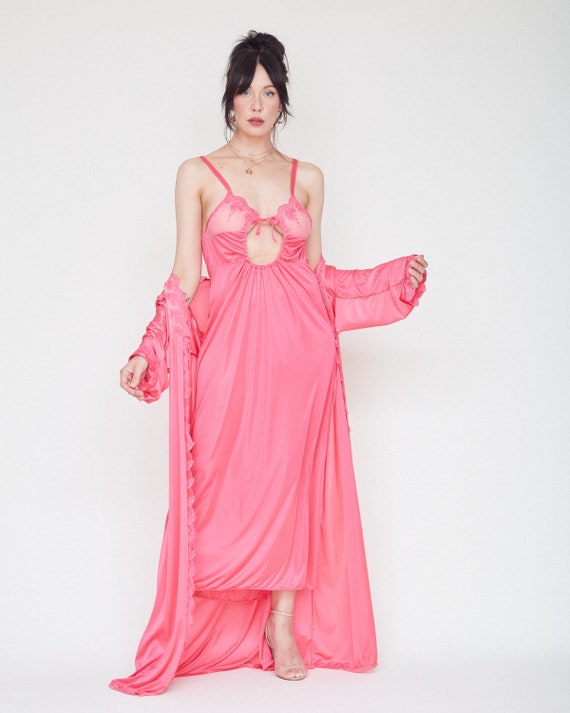 Vintage 80s Pink Nightgown & Robe Set / Sexy Keyh… - image 5