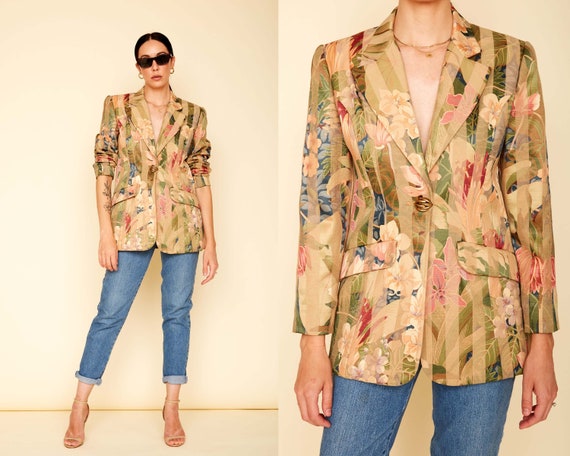 Vintage 90s Floral Brocade Blazer / Striped Jacqua