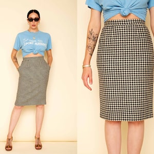 Vintage 90s Cashmere & Wool Houndstooth Pencil Skirt / Black White Skirt With Pockets / Vtg 1990s High Waisted Mid Length Skirt
