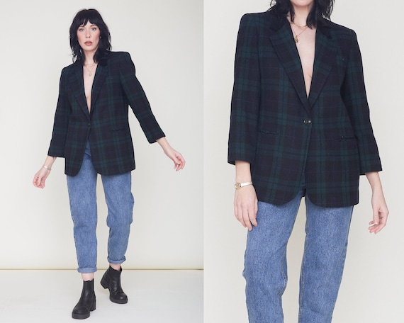 Vintage 90s Tartan Plaid Blazer / Navy Blue & Gree