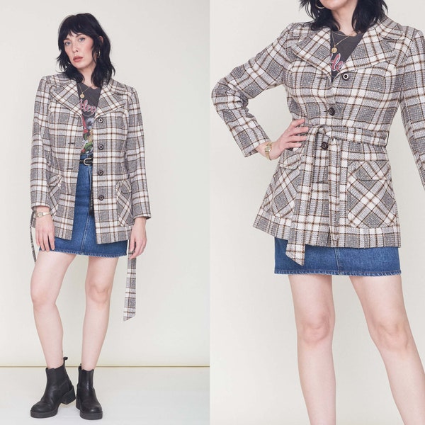 Vintage 60s Weldrest London Pea Coat / Glen Plaid Belted Jacket / Vtg 1960s Brown & White Retro Coat