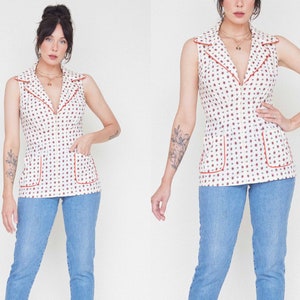 Vintage 60s Zip Front Collared Tank Top / Cream & Red Fitted Waist Top / 1960s Retro Polka Dot Sleeveless Shirt