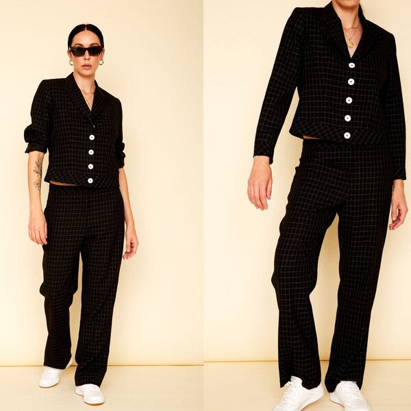 vintage 90s 2-Piece Black - White Suit Set / Casual Comfortable Windowpane Pant Suit / Vtg 1990s Blazer Jacket Pants Two Piece Set