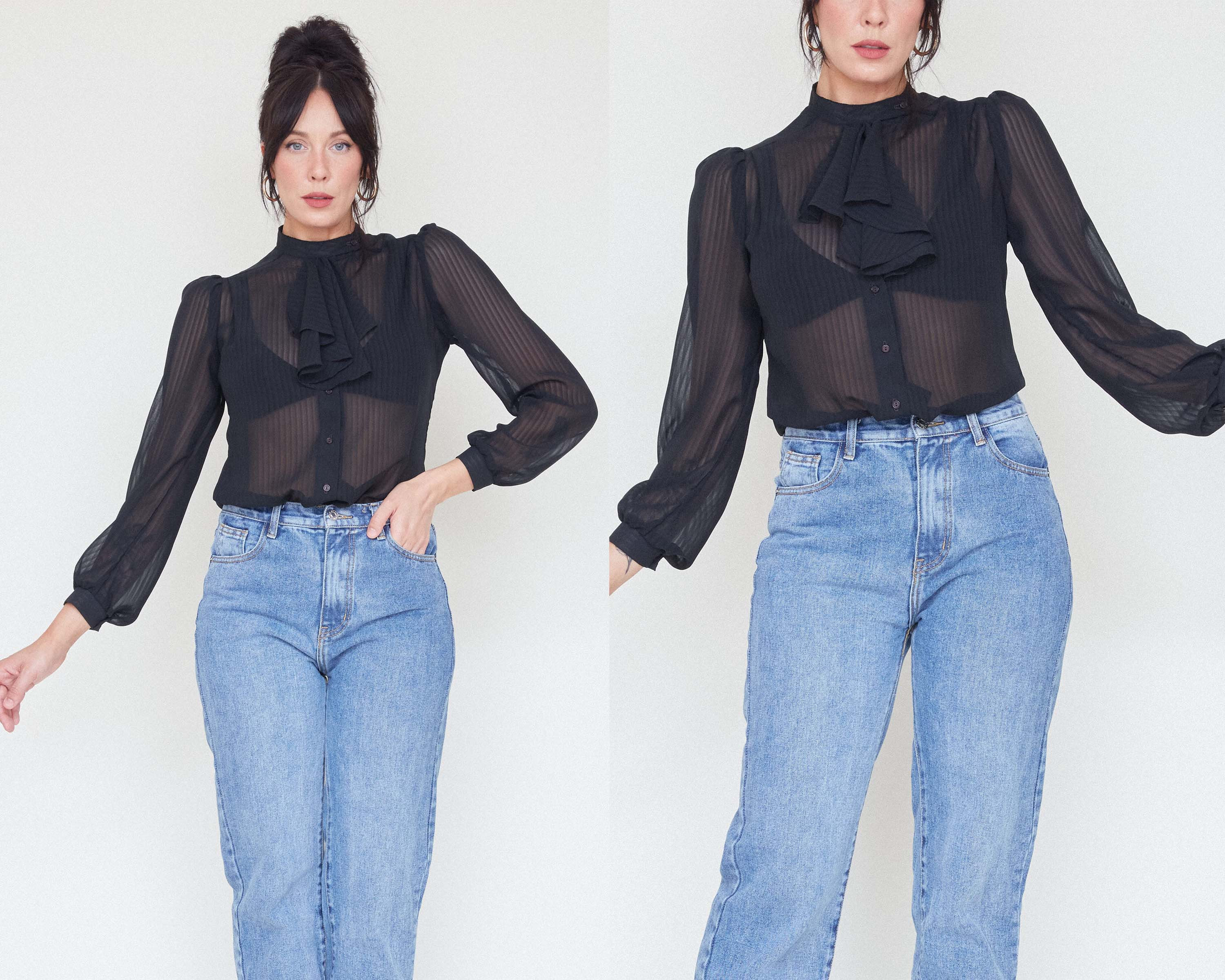 Vintage 70s Sheer Black Jabot Collar Blouse / See Through High 制服 BLOUSE COLLAR BIG SHEER Tシャツ/カットソー(半袖/袖なし)