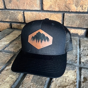 Trucker Hat with Leather Path, Leather Patch Snapback, Hat with mountains Leather Patch Baseball hat, Leather Hat, Dad Hat, Gift for Hi