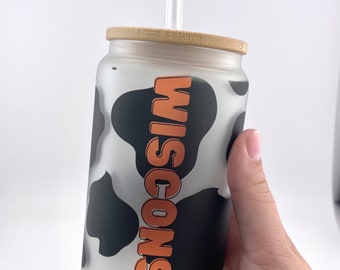 Wisconsin Wisco Theme 16oz Beer Can Libbey Cup with Bambo Lid and Straw, Ice Coffee Cup, Wisconsin Novelty Item