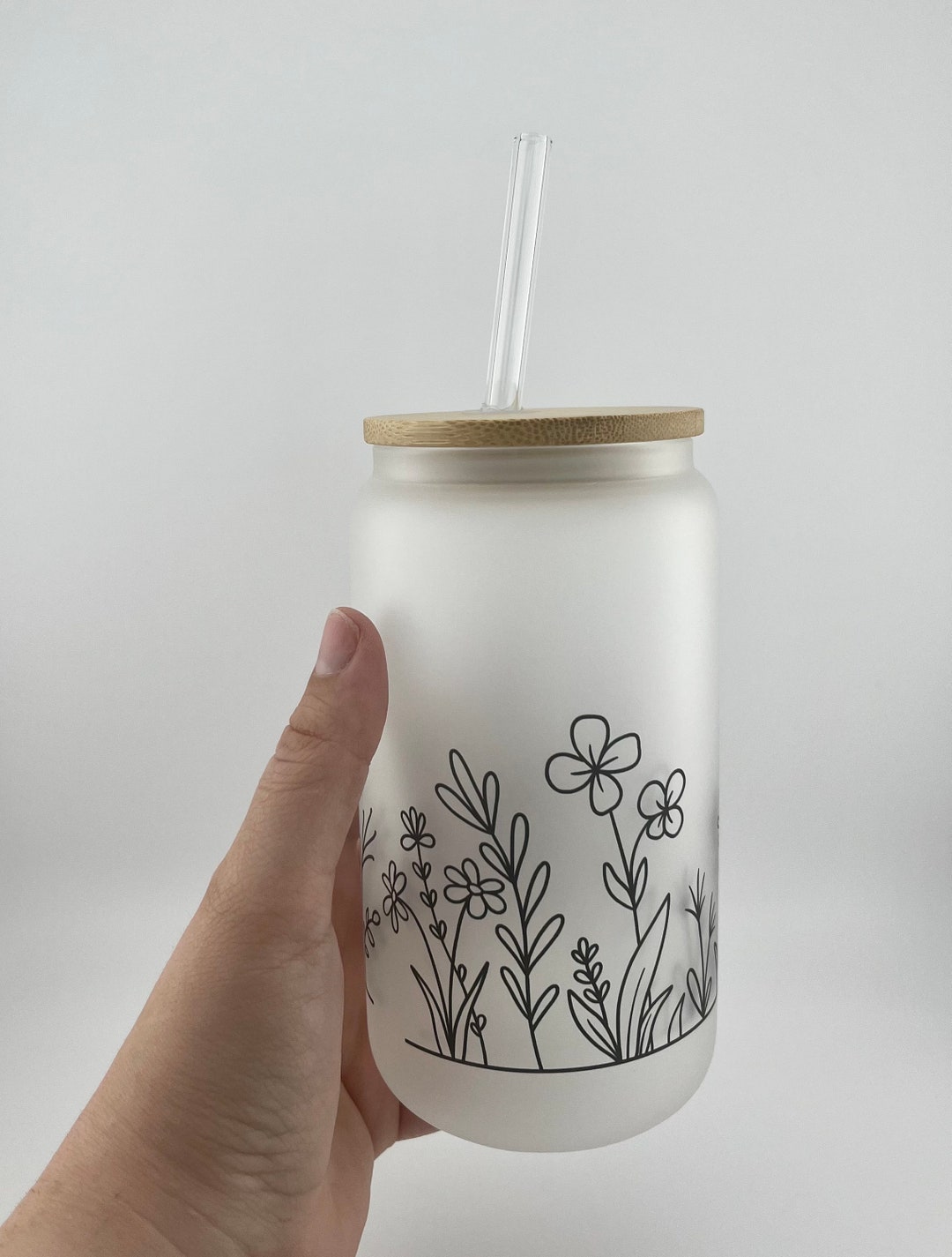 Flower Ice Coffee Cup, Flower Frosted Beer Can Glass With Bamboo Lid ...