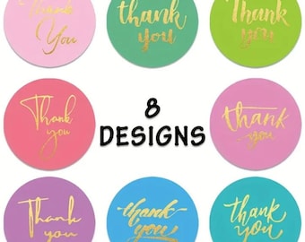 THANK YOU 8 Various Colors STICKERS with Gold Foil ~1 inch ~ Light Pink ~ Green Lime ~ Peach ~ Pink ~ Purple ~ Turquoise ~ Teal Stickers ~
