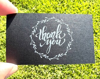 50 THANK YOU ~ Business Cards Size ~ Raised Ink Printed ~ Thermography ~Black Linen Card Stock ~ Packing Insert