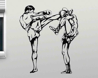 May include: Black and white silhouette of two people in a fighting pose. One person is kicking with their right leg while the other person is blocking with their left arm.