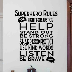 Superhéroe reglas pared calcomanía niños cartel Super Héroe vinilo vinilo pegatina niños pared arte regalo juguete diseño decoración cómicas cartel 102thn