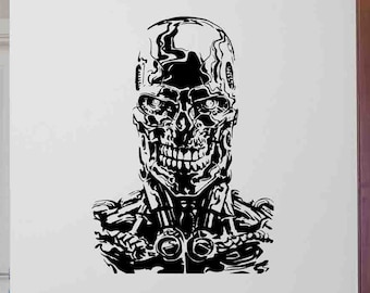 May include: Black and white silhouette wall decal of a robot skull with a menacing expression. The robot skull is detailed with intricate lines and patterns.