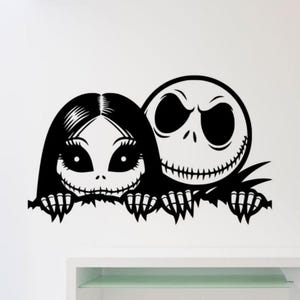 Jack and Sally Wall Decal Vinyl Sticker Peeking Sign Gift Nightmare Decor Poster Horror Wall Art One Color No Background 3408