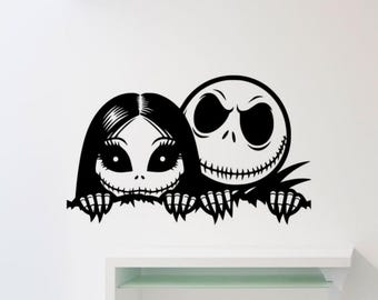 Jack and Sally Wall Decal Vinyl Sticker Peeking Sign Gift Nightmare Decor Poster Horror Wall Art One Color No Background 3408