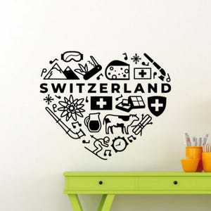 Switzerland Wall Decal Vinyl Sticker Swiss Decor Love Heart Sign Gift Poster Wall Art Mural One Color No Background 3474