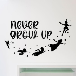 Never Grow Up Wall Decal Vinyl Sticker Pan Quote Sign Gift Nursery Decor Kids Poster Wall Art One Color No Background 3480