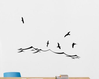 Mar olas pared calcomanía vinilo pegatina gaviotas pájaros océano pared arte playa cartel signo mar regalo dormitorio decoración náutica Mural plantilla 22bu