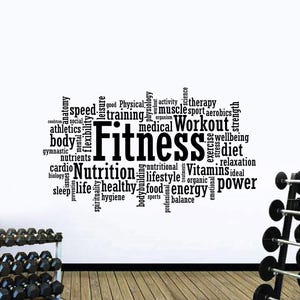 Fitness Word Cloud Wall Decal Vinyl Sticker Gym Health Wellness Decor Quote Sign Motivational Poster Workout Wall Art Gift Mural 91gy